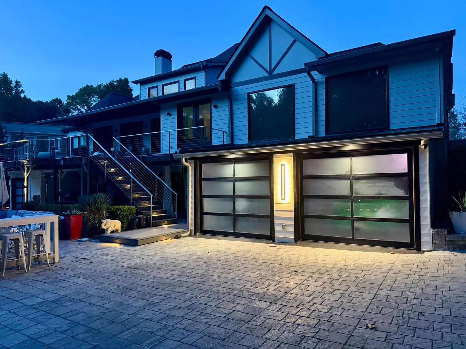 Completed Haven Design and Build garage addition at dusk